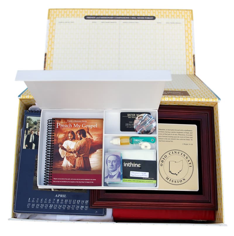 Missionary Memory Box open with mission keepsakes inside