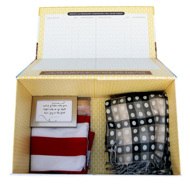Open Missionary Memory Box with journals, letters, and mementos inside