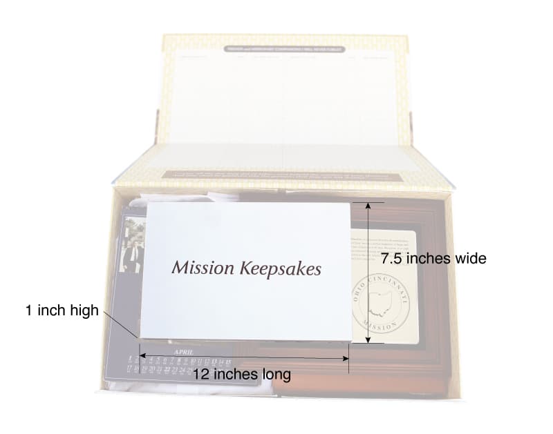 Missionary Memory Box dimensions for letters, photos, and name tags